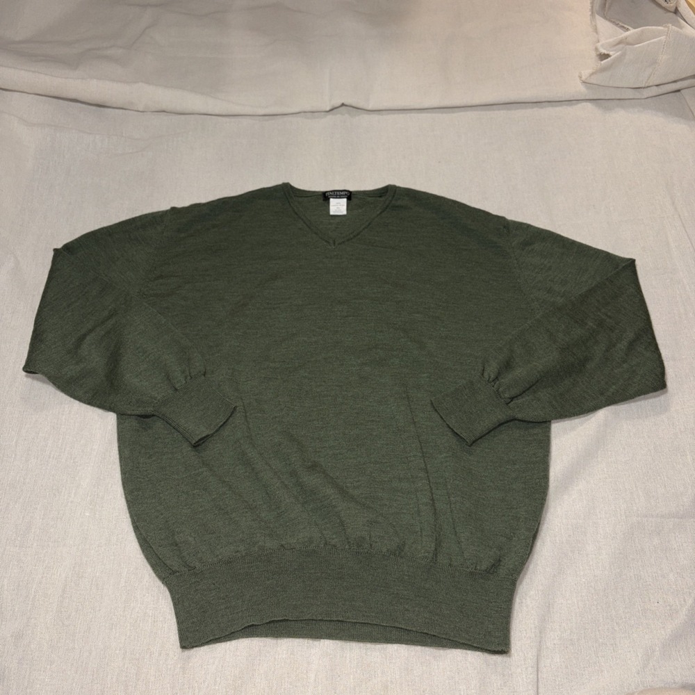 Italtempo Green 100% Merino Wool V Neck Closet Staple Sweater Size XL Lightweigh